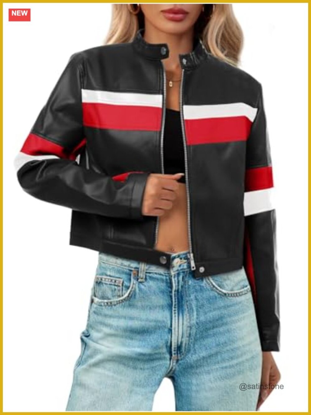 Women's Cropped Faux Leather Moto Biker Jacket Color Block Bomber with Zipper
